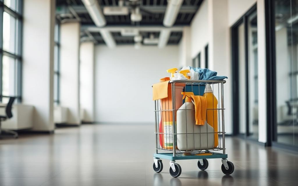 Cleaning cart in an empty office hallway