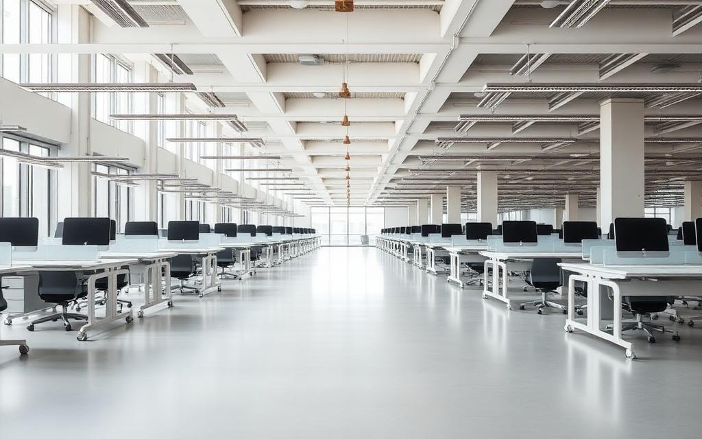Empty open-plan office with unused desks