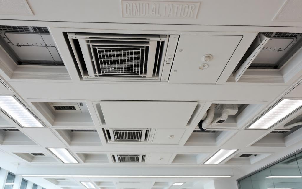Office ceiling with HVAC vents and lighting